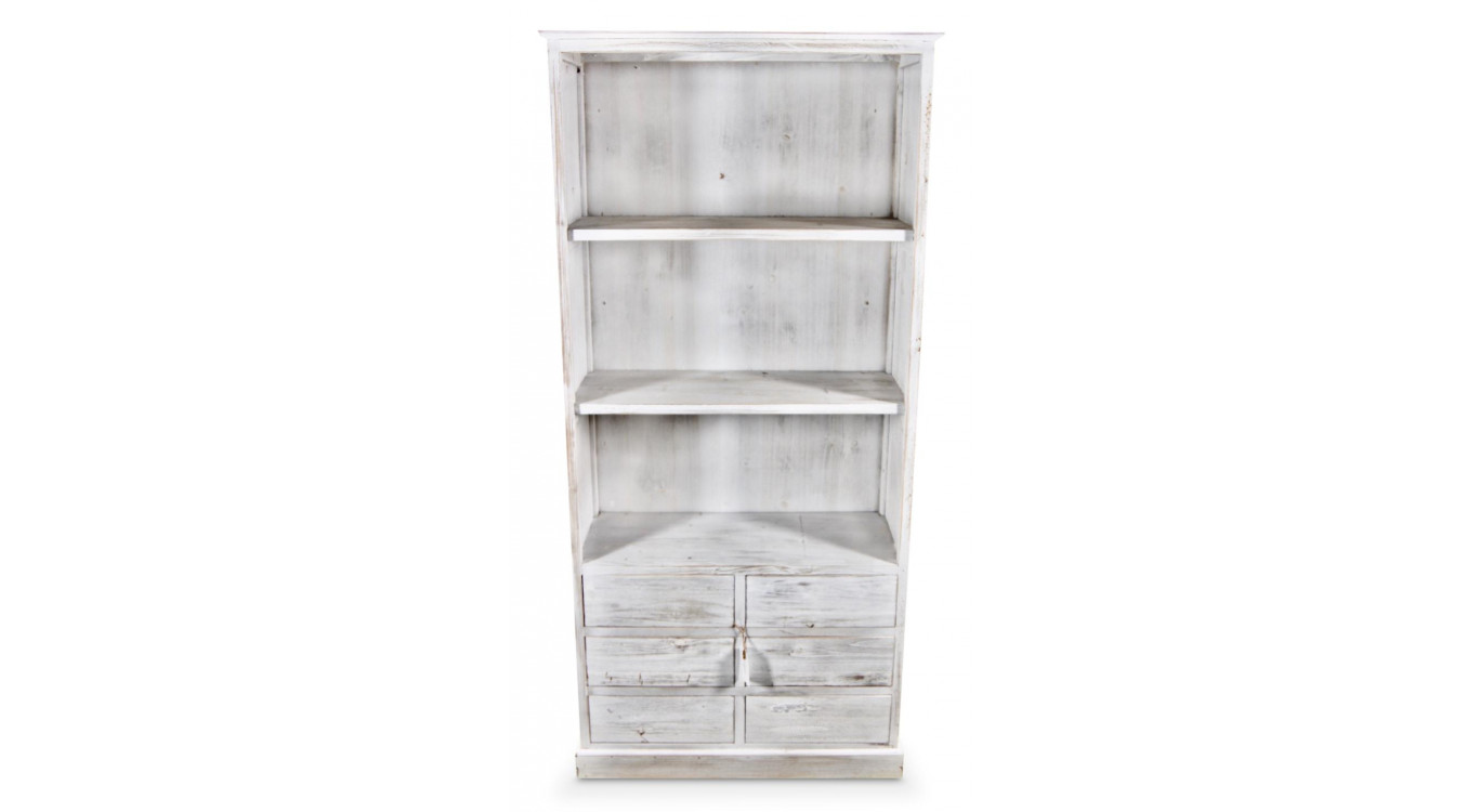 Buffet Vaisselier Rangement Bois 6 Tiroirs Cerusé Blanc Nu 78x34x168cm