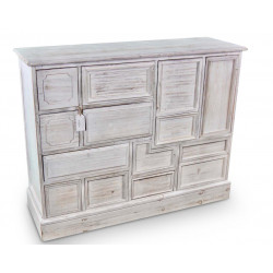 Meuble Semainier Chiffonnier Grainetier Bois 14 Tiroirs Cerusé Blanc Nu 125x40x99cm