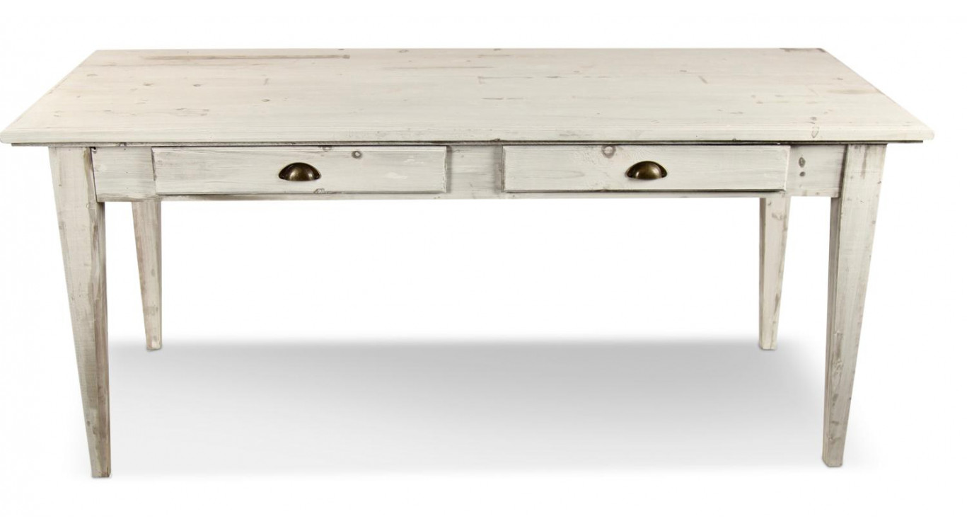 Table à Manger Bois 4 Tiroirs Cerusé Blanc 180x71x79.5cm