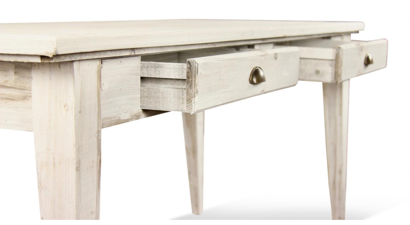 Table à Manger Bois 4 Tiroirs Cerusé Blanc 180x71x79.5cm