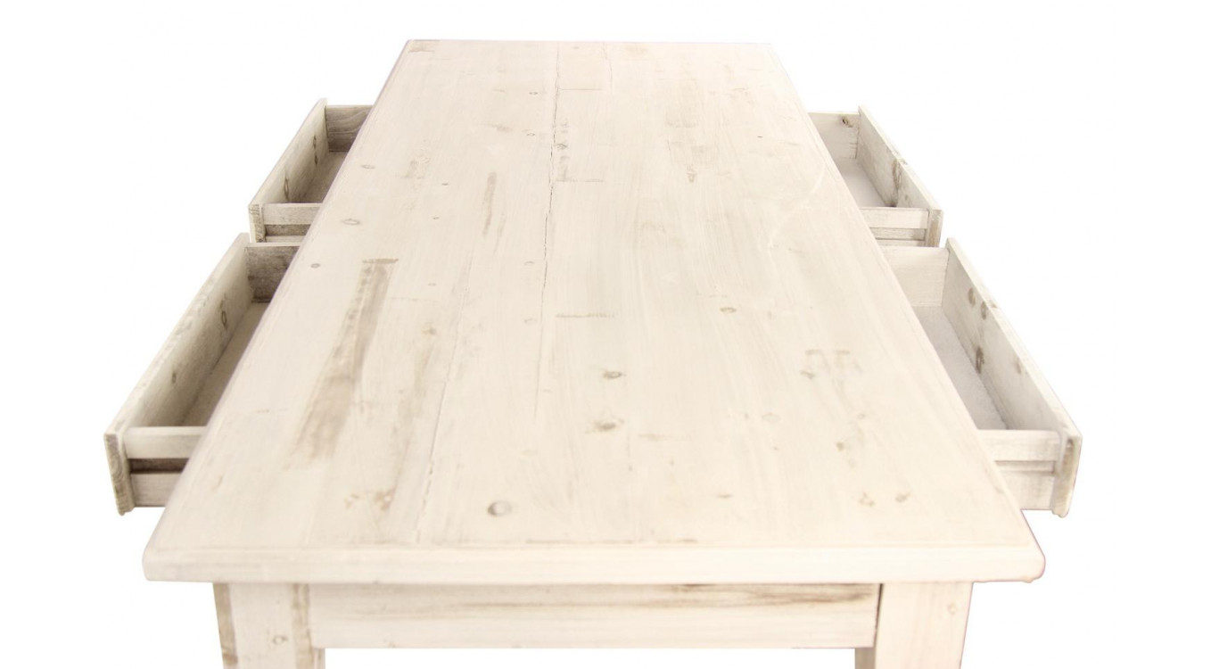 Table à Manger Bois 4 Tiroirs Cerusé Blanc 180x71x79.5cm