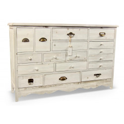 Meuble Semainier Chiffonnier Grainetier Bois Cerusé Blanc 17 Tiroirs 124x32.5x78.5cm