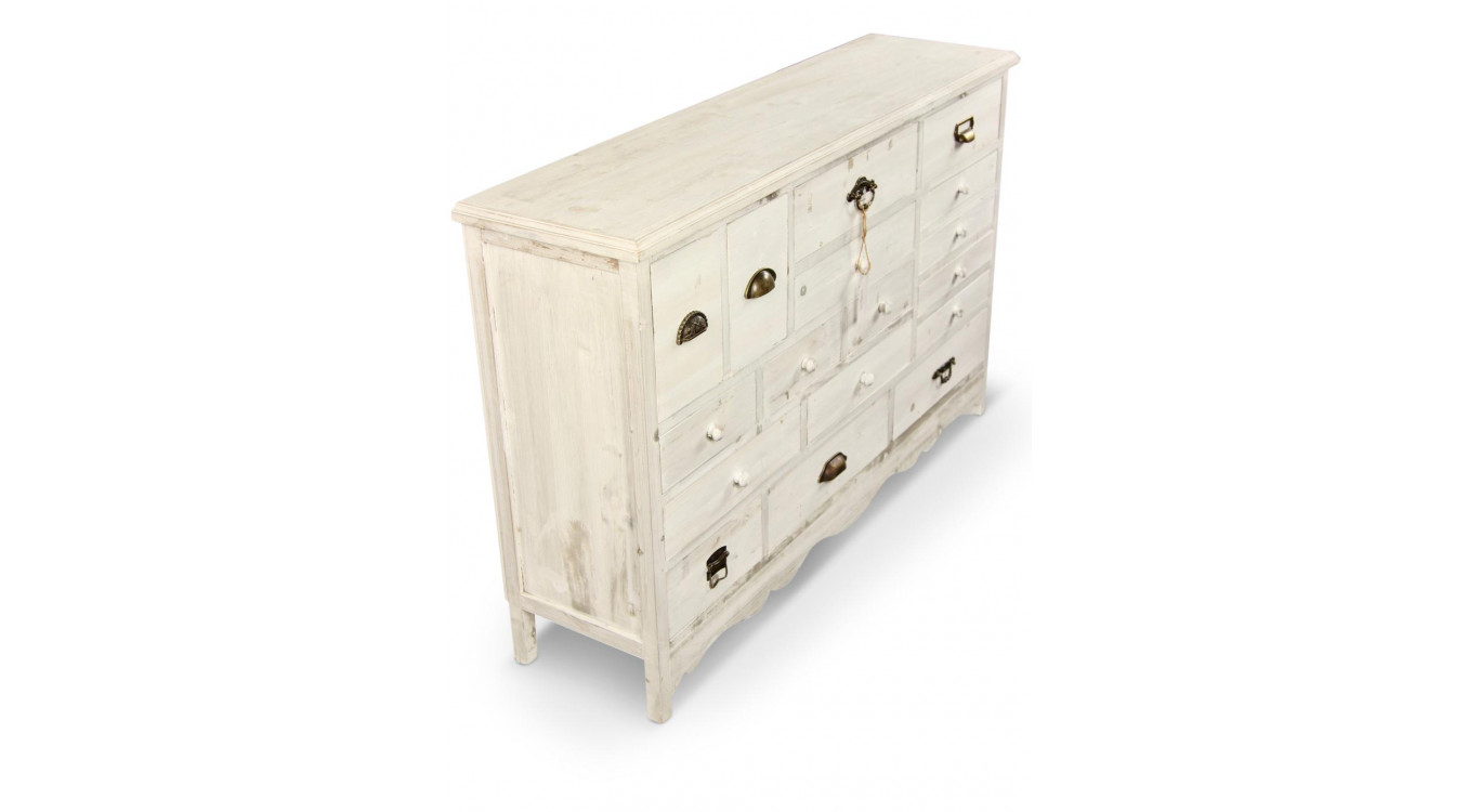 Meuble Semainier Chiffonnier Grainetier Bois Cerusé Blanc 17 Tiroirs 124x32.5x78.5cm