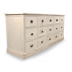 Meuble Semainier Chiffonnier Grainetier Bois 15 Tiroirs Cerusé Blanc 200x55x85cm