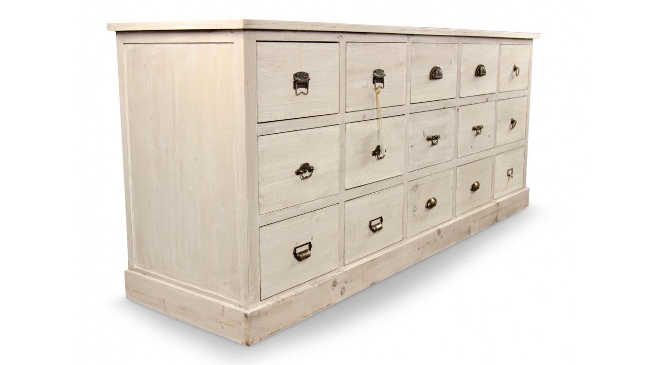 Meuble Semainier Chiffonnier Grainetier Bois 15 Tiroirs Cerusé Blanc 200x55x85cm