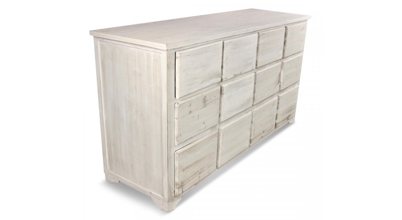 Meuble Semainier Chiffonnier Grainetier Bois 12 Tiroirs Cerusé Blanc Nu 167x54x91cm