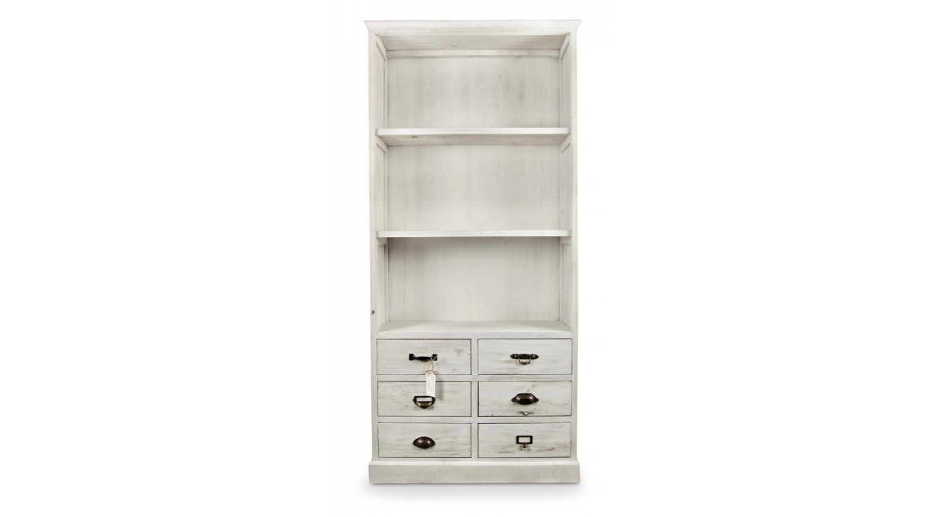 Buffet Vaisselier Rangement Bois 6 Tiroirs Cerusé Blanc 78x34x168cm