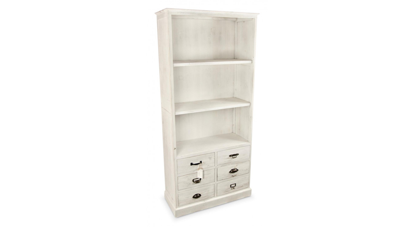 Buffet Vaisselier Rangement Bois 6 Tiroirs Cerusé Blanc 78x34x168cm