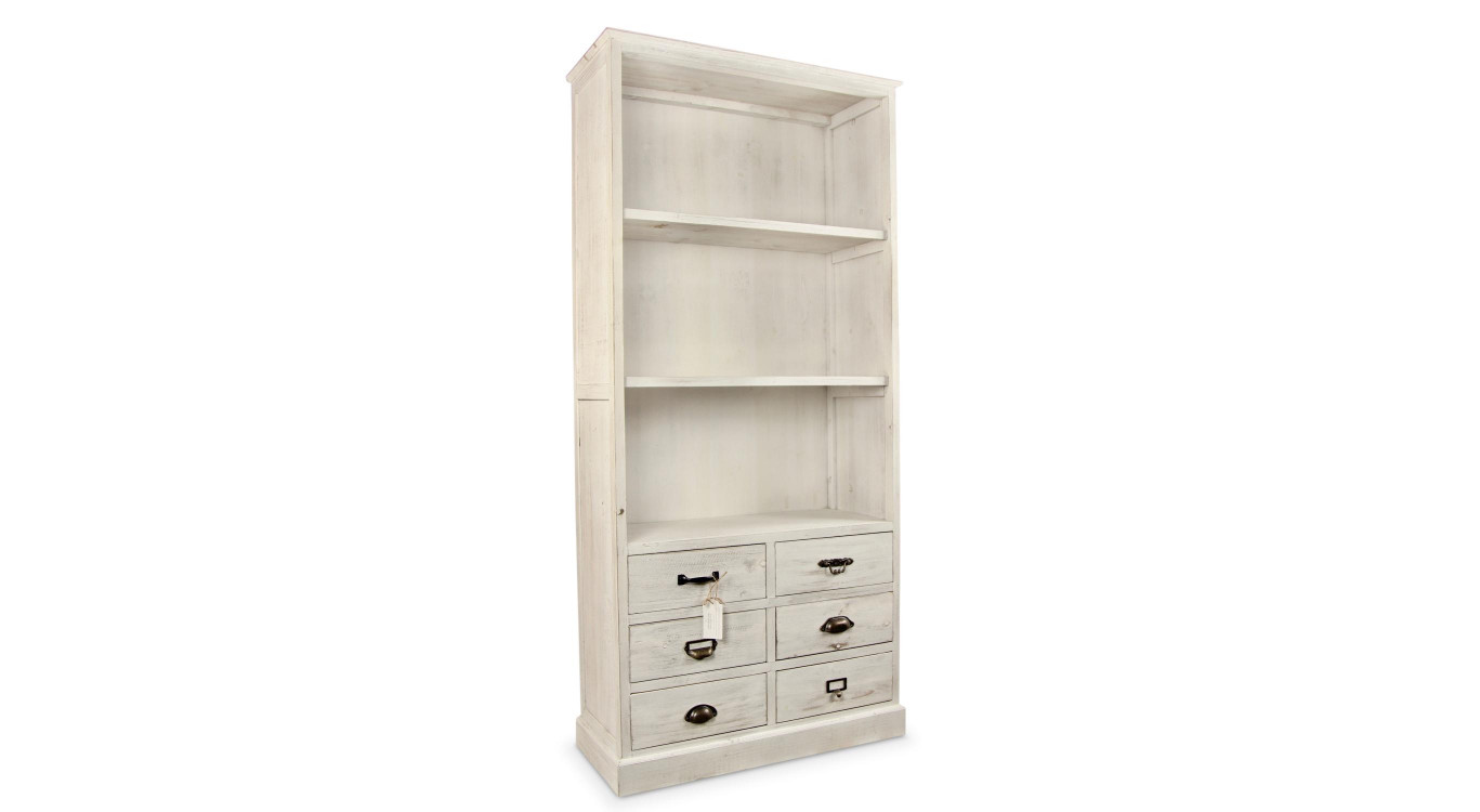 Buffet Vaisselier Rangement Bois 6 Tiroirs Cerusé Blanc 78x34x168cm