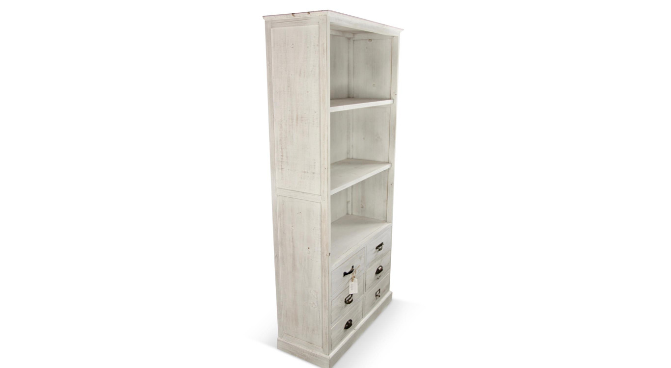 Buffet Vaisselier Rangement Bois 6 Tiroirs Cerusé Blanc 78x34x168cm