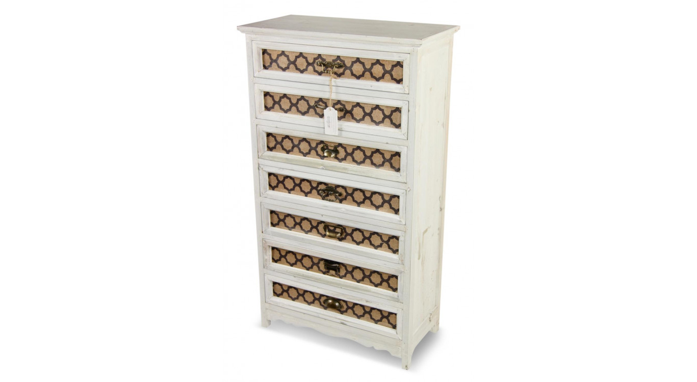 Meuble Semainier Chiffonnier Grainetier Bois Cerusé Blanc 7 Tiroirs 64x32.5x112.5cm