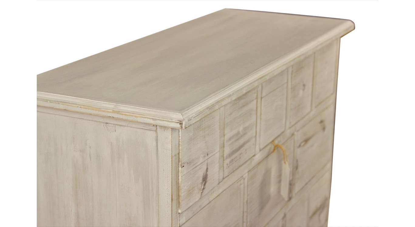 Meuble Semainier Chiffonnier Grainetier Bois 16 Tiroirs Cerusé Blanc Nu 96x35x92cm